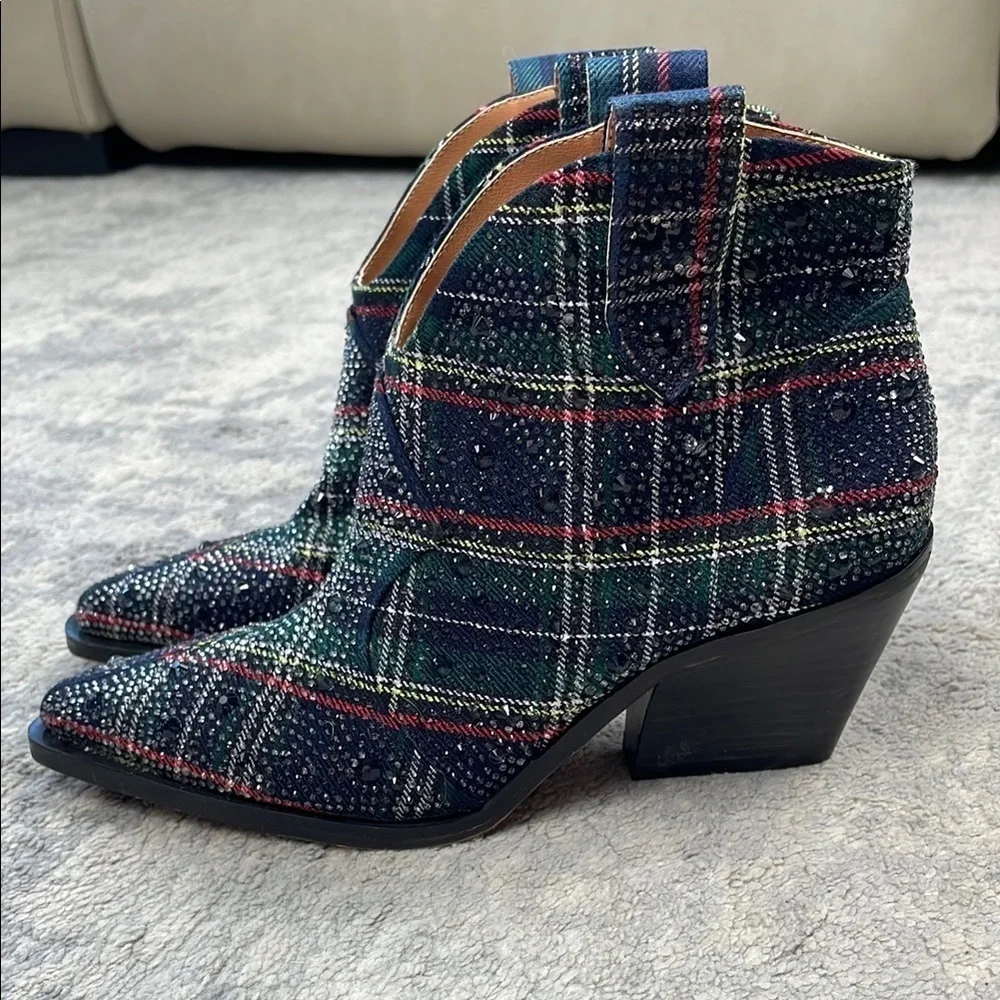 New Jessica Simpson Zadie Rhinestone Plaid Tartan Ankle Boots Western Sz 5.5